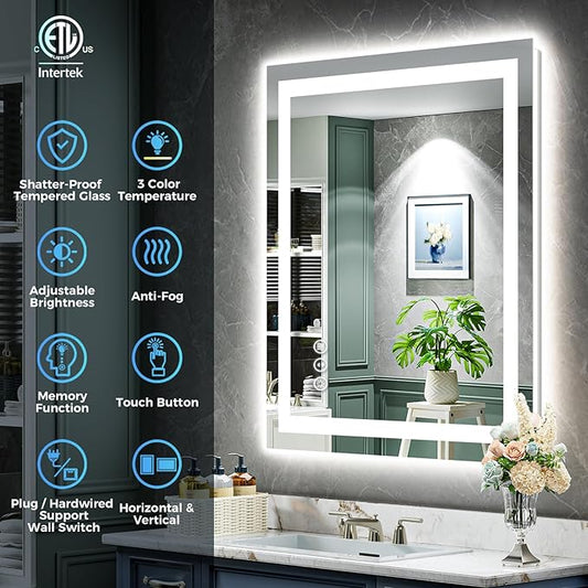 YEELAIT 20x28 Inch LED Bathroom Mirror with Lights Front and Backlit Lighted Vanity Mirror for Bathroom Wall with 3 Colors Dimmable Anti-Fog Memory Shatter-Proof IP54 Waterproof Horizontal/Vertical