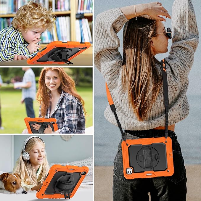 HXCASEAC Case for iPad Air 11 inch (2025 M3 / 2024 M2), Shockproof Design with Pencil Holder/Screen Protector/Rotating Hand Strap, Protective Cover for iPad Air 7th/6th Generation - Orange