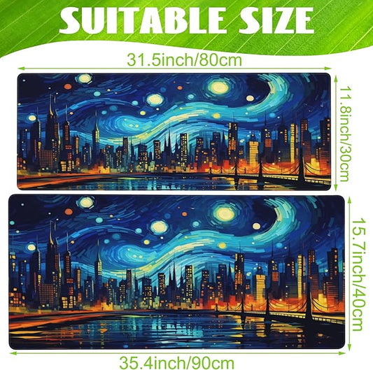 Eflxamz Desk Pad,City Starry Night Desk Mat,Abstract Oil Painting Large Gaming Mouse Pad for Desk,Extended Big Computer Keyboard Mouse Pad with Non-Slip Base and Stitched Edge,35.4"x15.7"