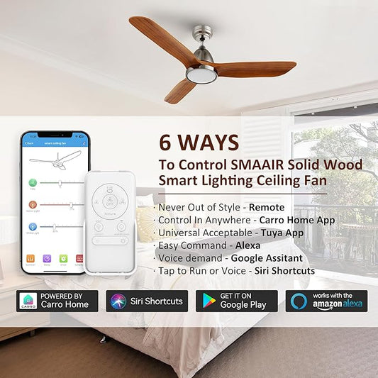 SMAAIR Walnut Solid 3- Blade Ceiling Fans with Lights, Dimmable LED Light, Reversible Motor Control on Remote & App Control 8 HrsTimer and 24 Hrs Schedule, Voice Device Connectable(52inch, Walnut)