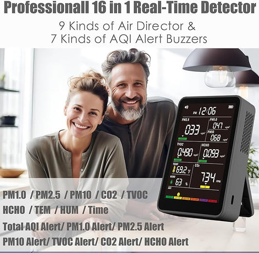 Professional Indoor Air Quality Monitor with AQI Alarms, Portable Real-Time Detector for Home Cars Plants and Pets (Black)