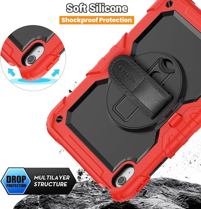 SEYMAC for iPad (A16) 11th/10th Generation Case 2025/2022 (11″/10.9″), Sturdy Heavy Duty Full-Body Shockproof Protective Case with Screen Protector, Rotating Stand, Hand/Shoulder Strap, Black/Red