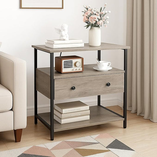 Edbuosy 27 Inch Wide Night Stand with Charging Station, Wood Nightstand with Open Shelf, Large Drawer Bedside Table for Living Room/Bedroom/Office (Rustic Gray)