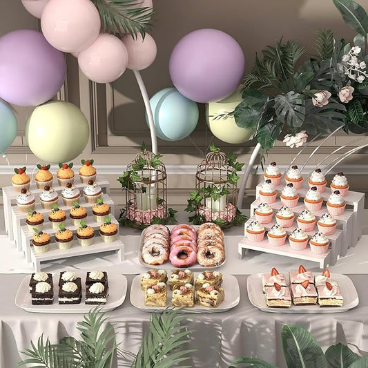 2 Set Large White Wooden Tiered Riser Display Stands for Vendor Events,Stackable Wooden Cupcake Stand,Farmhouse Decor Wood Dessert Table Display Set,Vendor Booth Display Items,Food Display Risers for Party(12-11.2-10.4-9.6IN)