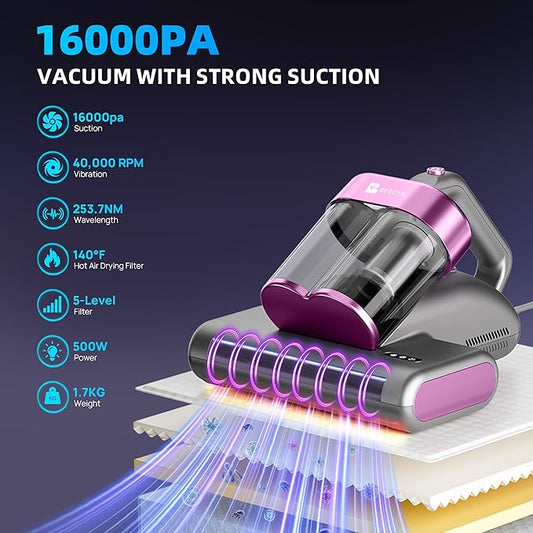 Beroya Mattress Vacuum Cleaner UVC 253.7nm Light with 16Kpa Strong Suction, 145°F Heat, Ultrasonic, HEPA Filter, Versatile Bed, Pillow and Couch Vacuum Cleaner (16.4ft Corded, 500W)