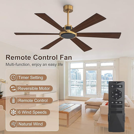 WINGBO 60 Inch Ceiling Fan without Light - 6 Plywood Blades, 6-Speed Reversible DC Motor, Noiseless Remote Control Ceiling Fan No Light for Bedroom Living Room Kitchen, Gold and Walnut/Black