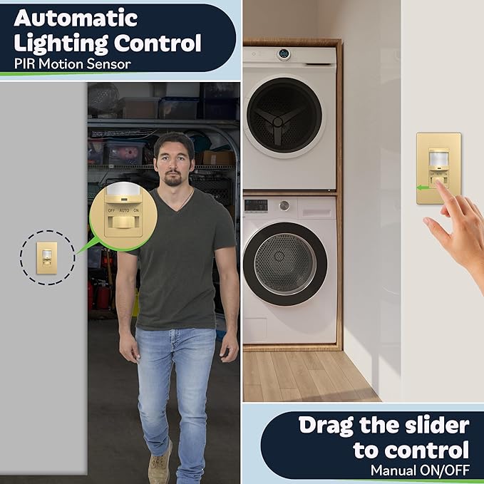 TOPGREENER in Wall PIR Motion Sensor Light Switch, Occupancy Sensor Switch, ๐๐๐ฎ๐ญ๐ซ๐๐ฅ ๐๐ข๐ซ๐ ๐๐๐ช๐ฎ๐ข๐ซ๐๐, On/Off Override, ๐๐ข๐ง๐ ๐ฅ๐ ๐๐จ๐ฅ๐, 4A, 500W, TSOS5-GDSWP,Gold,2 Pack