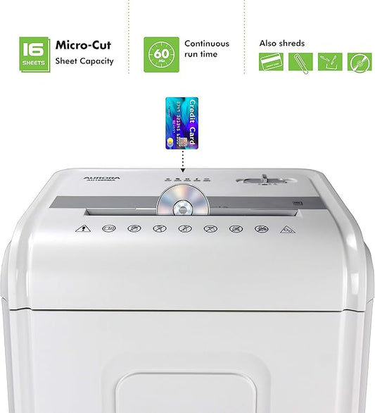 Aurora Heavy Duty High Security 16-Sheet Micro-Cut Shredder/Anti-Jam/60 Min Run Time/ 7-Gallon Pullout Basket and Casters, AU1680MA
