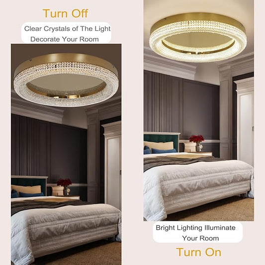 23.6" Gold LED 3 Color Remote Dimmable Modern Crystal Chandelier Round LED Crystal Ceiling Light Fixture Flush Mount Chandelier Ceiling Light with Crystals for Hallway Bedroom Kitchen Foyer (Gold)