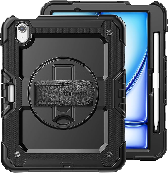 timecity Case for iPad Air 11 Inch M3/ M2 (2025/2024), 360° Rotating Stand, Pencil Holder & Wireless Charging, Shockproof with Screen Protector & Shoulder Strap - for Designers, Black
