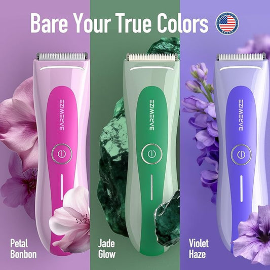 BAREWIZE Bikini Trimmer for Women, Electric Shaver for Women | LED Light, IPX7 Waterproof, USB-C Rechargeable, Ceramic Blade | Electric Razors for Women, Pubic Hair Trimmer Women (Petal Bonbon)