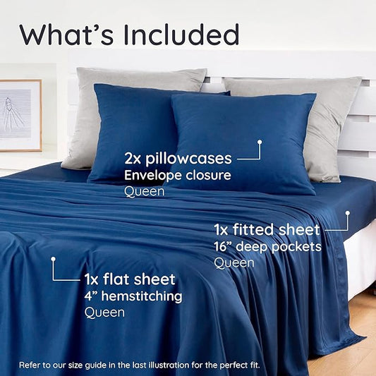 Bambaw 100% Viscose Derived from Bamboo Sheets Deep Pockets Queen Size Set – 4pcs Soft Bedding, Fits Up to 16'' with Elastic Corner Straps, Queen Size Cooling Sheets (Navy Blue)