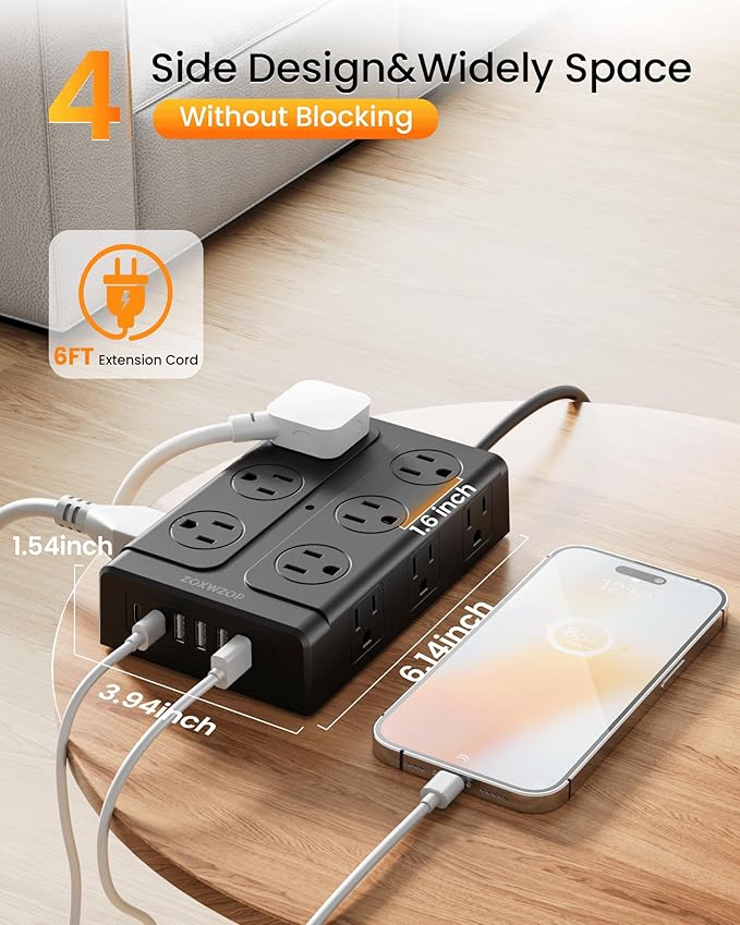 Zoxwzop Surge Protector Power Strip - 12 Outlets(1850W/15A) 6 USB Ports(2 USB C, 6FT Flat Plug Extension Cord, Wall Mount Multi Plug Outlet Extender, ETL Listed for Home, Dorm Room