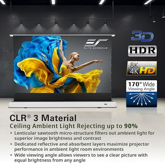 Elite Screens Kestrel Tab-Tension 2 CLR3, 101" 16:9, Ultra-Short Throw Ceiling Ambient Light Rejecting (CLR/ALR) Electric Floor-Rising Motorized Front Projector Screen,White Casing, FTE101XH3-CLR3