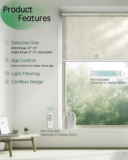 Yoolax Motorized Blinds App Control, Light Filtering Motorized Shades for Windows, Cordless Automatic Roller Shades for Bedroom Living Room Office(Light Filtering Linen Beige, 39" W x 72" H)