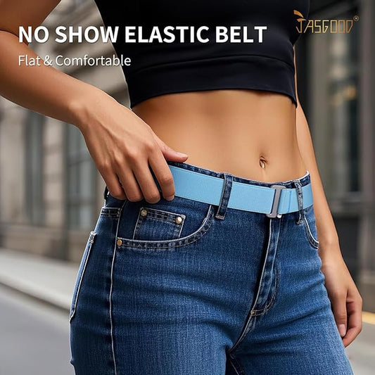 JASGOOD Women No Show Stretch Belt Elastic Web Strap Belt with Flat Buckle for Jeans Pants Dresses