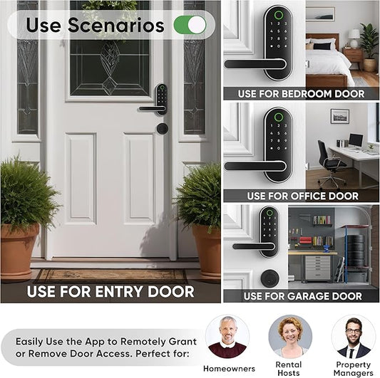 Keyless Entry Fingerprint Digital Smart Lock with Handle & Keypad: Electronic/Electric Lock with Code, App Control Biometric Deadbolt Door Knob for Front, Interior, Exterior & Bedroom Door (Silver)