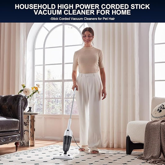 FUNCCUBE Stick Vacuum Cleaner, Corded 2-in-1 Lightweight Vacuum with Powerful Suction, Washable HEPA Filter, Handheld & Upright for Pet Hair, Carpet, Hardwood Floor & Home Cleaning – White MC607C
