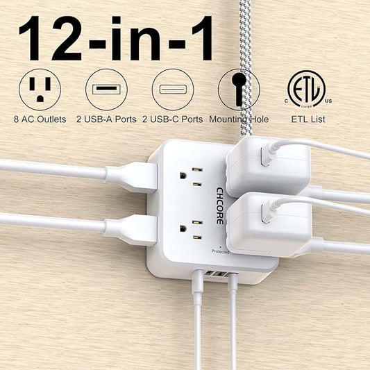 Surge Protector Power Strip - CHCORE 15Ft Braided Extension Cord with 8 Outlets with 4 USB (2 USB C) Charging Ports, Flat Plug Multi Plug Outlet Extender Charging Station for Home Office, ETL, White