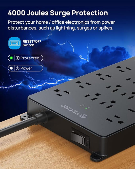 TROND Surge Protector Power Strip, 22 Widely Spaced Outlets with USB Ports, Wall Mount, 4000 Joules, ETL Listed, 15 ft Flat Plug Heavy Duty Extension Cord for Home, Office, Dorm Essential, Black