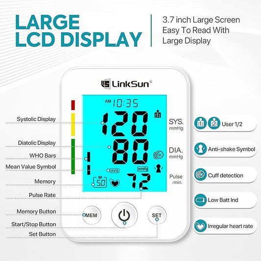 LinkSun Blood Pressure Monitor for Home Use with Large Upper Arm Cuff, Rechargeable Blood Pressure Machine with 100 Memory Recalls for 2 Users, Large LCD Screen, Charging Cable - 2008