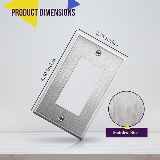 ENERLITES Decorator Switch or Receptacle Outlet Metal Wall Plate, Corrosion Resistant, Size 1-Gang 4.50" x 2.76", UL Listed, 7731, 430 Stainless Steel, Silver