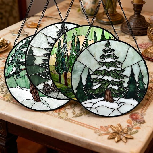 AMDERVEN Stained Glass Window Hanging 4 Pcs Set Forest Green Trees Winter Snow Large 15" - Suncatcher Door Garden Sun Catcher Home Decor Birthday Mother's Day for Woman Nana Mom Men