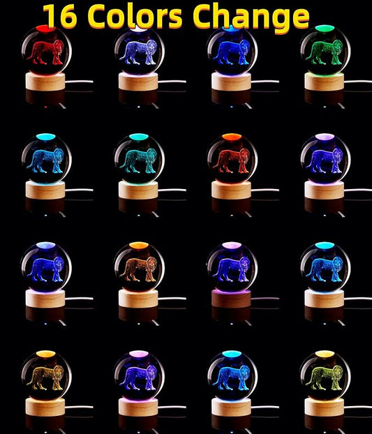 3D Crystal Ball Lamp with Lifelike LED Lion, 16 Color Changing Light, Dimmable Remote Control