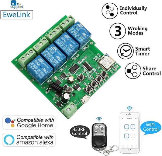 Newgoal 4 Channels WiFi Wireless Smart Switch Inching Self-Locking Relay Module,for DIY Access Control, Garage Door Opener with 433RF Remote Control (Ewelink App)
