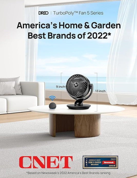 Dreo Smart Fan for Bedroom,120° Vertical and 90° Oscillating Fan with Remote/Voice, 13 Inch Height Quiet Air Circulator for Whole Room, 70 ft, 4 Speeds, 5 Modes, 12H Timer, Desk Fans for Home,Black