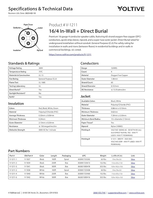 Voltive 16/4 Speaker Wire, in-Wall CL3 & Direct Burial, Black, 500ft - 16AWG, 4 Conductors, Stranded Oxygen-Free Copper, UL Listed - V-1211-5