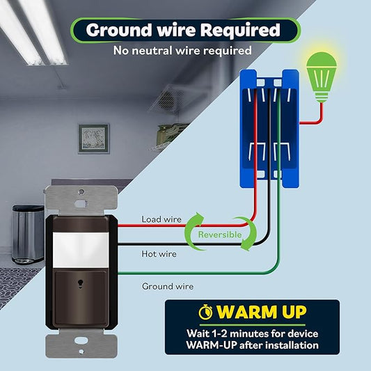 TOPGREENER PIR Motion Sensor Switch, Ambient Light Level Detector, No Neutral Required, 150W LED/CFL, 1/6 HP, Occupancy Vacancy Modes, Ground Wire Required, Single Pole, TDOS5-JM, Brown