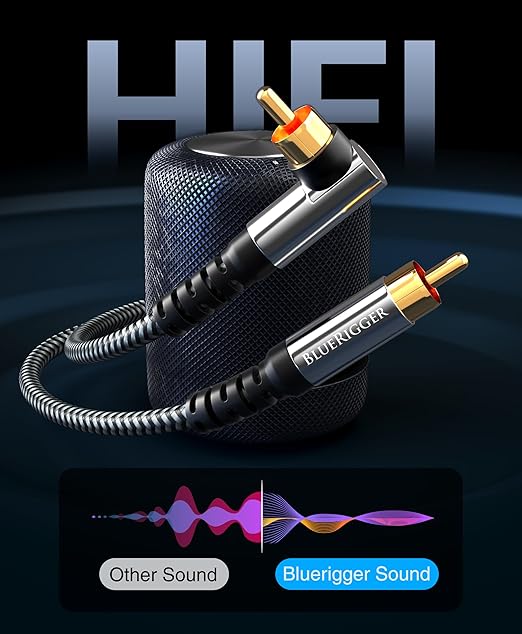 BlueRigger Subwoofer Cable 90D (10FT, RCA Audio, Dual Shielded, Gold Plated, Right Angled Male RCA Connectors) – Compatible with Subwoofer, Amplifier, Home Theater