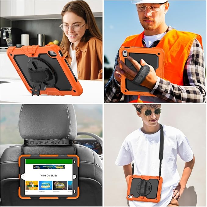 BLOSOMEET Case for iPad A16 11th/10th Generation 11''/10.9'' 2025/2022 with Tempered Glass Screen Protector & Pencil Holder, Rugged Military Grade Cover w/Stand Hand Shoulder Strap, Orange