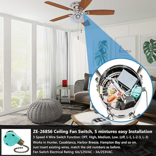 Ceiling Fan Switch ZE-268S6, Ceiling Fan Pull Switch, 4 Wire Fans Accessories Switch Compatible with Hunter Ceiling Fan Lights (Bronze Pull Chain)