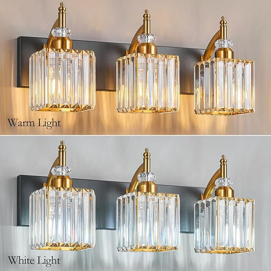 BBLLWJ Modern Bathroom Vanity Light 3-Light Black and Gold Crystal Light Fixtures Over Mirror for Bathroom Wall Sconce