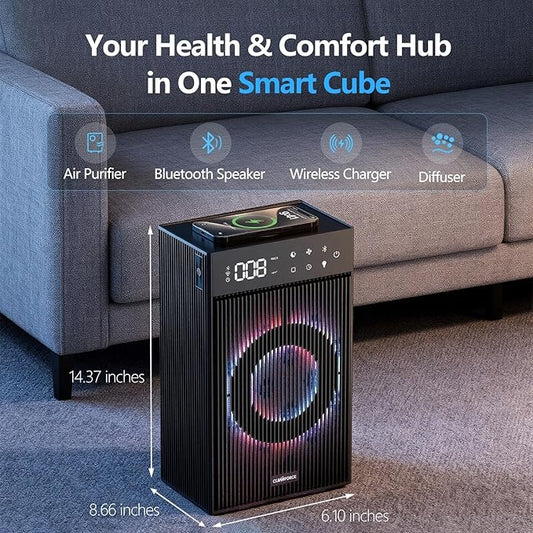 CleanForce Rainbow Cube | World’s First 4-in-1 Space-saving Air Purifier with Bluetooth Speaker, Wireless Charger & Aroma Diffuser | Swiss Tech,over 900ft² Coverage | Ultra-Quiet