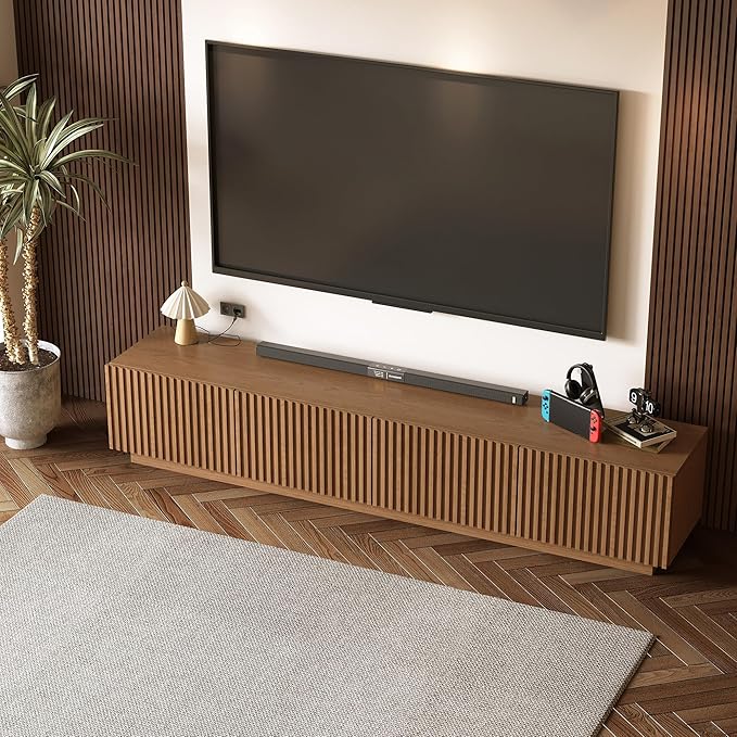 86.61" Mid-Century Modern TV Stand, Walnut Entertainment Center with 4 Doors & Adjustable Shelves, Large Wooden Media Console Cabinet for Living Room & Bedroom, Sturdy & Easy Assembly,Walnut