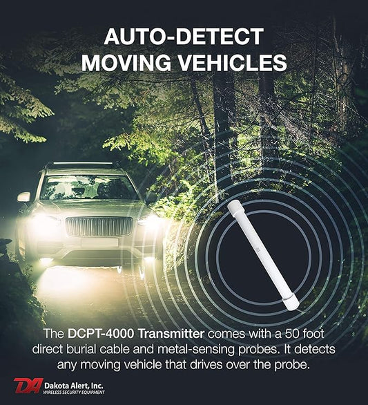 Dakota Alert Driveway Alarm Sensor - DCPT-4000 Driveway Alarms Wireless Outside Weatherproof Vehicle Sensor, 1 Mile Long Range Sensors , Vehicle Detecting Probe Transmitter & 50' Direct Burial Cable
