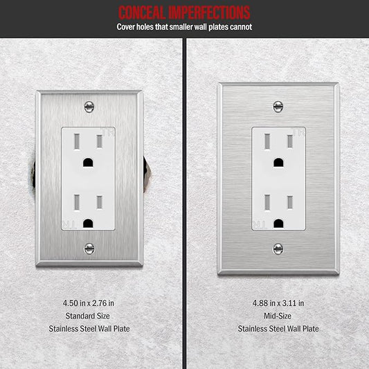 ENERLITES Decorator Switch or Outlet Metal Wall Plate, 430 Stainless Steel, Corrosion Resistant, Mid-Size 1-Gang 4.88" x 3.11", UL Listed, 7731M, Silver