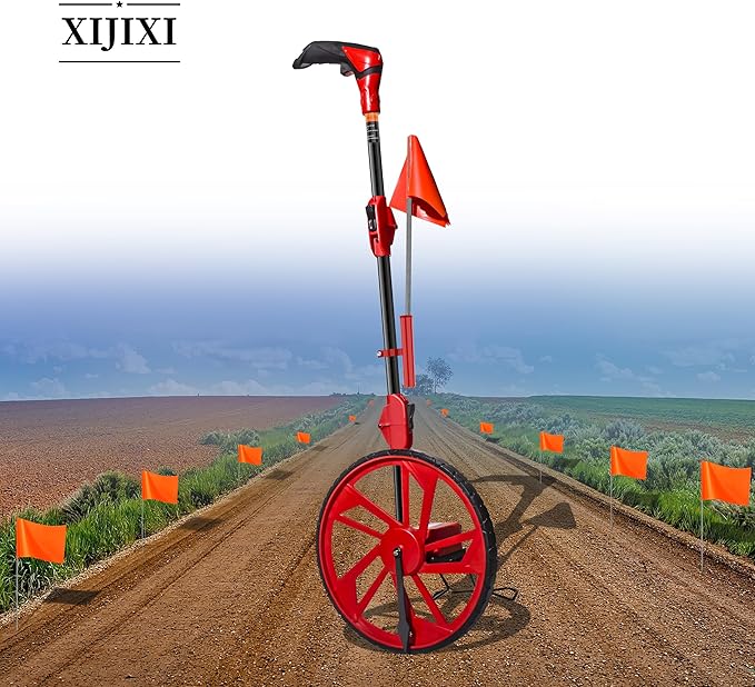 XIJIXI Distance Measuring Wheel in feet,Measure Wheel,Collapsible Rolling Measurement Wheel,12.5”Diameter Wheel,With One key to Zero,Upgrade Flag Holder,With 10 Survey Flags(Red)