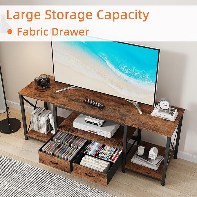 GYIIYUO TV Stand with Fabric Drawer - Entertainment Center and Industrial TV Console Table with Open Storage Shelves for Living Room, Bedroom - 55.1" Rustic Brown