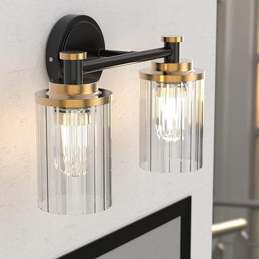 PHIXART Bathroom Lighting Fixtures Black and Gold Bathroom Vanity Light with Cylindrical Clear Stripes Glass Lampshade E26 Socket Base Bathroom Lighting Fixtures Over Mirror (2 Lights)