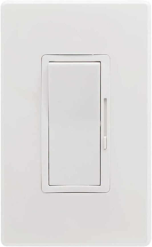 Sunlite LED Wall Rocker Style, Slide Bar Triac Dimmer Switch, Screwless Wall Plates Included, Single Pole or 3-Way Switching, 120 Volts, 200W Max for LED, 600W Max for Incandescent, White, 1 Pack
