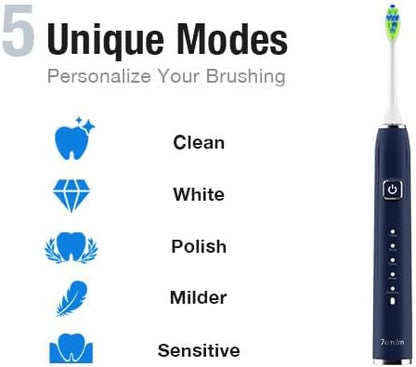 7AM2M Ultrasonic Electric Toothbrush with 6 Brush Heads for Adults&Kids, Type C Rechargeable, One Charge for 120 Days, 5 Modes&40000VPM Powered Toothbrush, 2 Minutes Built in Smart Timer (Navy Blue)