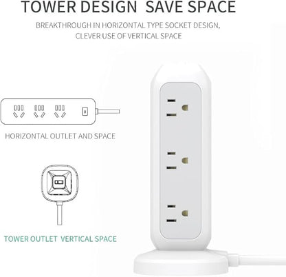 [White Lunar] Power Strip Tower with Surge Protector – 11 AC Outlets, 4 USB Ports (2 USB-A & 2 USB-C), 6ft Heavy-Duty Flat Plug Extension Cord for Home, Office & Dorm Essentials