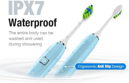 7AM2M Ultrasonic Electric Toothbrush with 6 Brush Heads for Adults&Kids, Type C Charging, One Charge for 120 Days, 5 Modes&40000VPM Powered Toothbrush, 2 Minutes Built in Smart Timer (Light Blue)