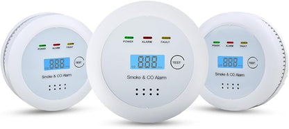 2 in1 Smoke Detector Carbon Monoxide Detector Combo,with LCD Digital Display and Sound Warning Test Button，Battery Powered，Easy Installation, for Home, Bedroom, Kitchen (3PACKS)