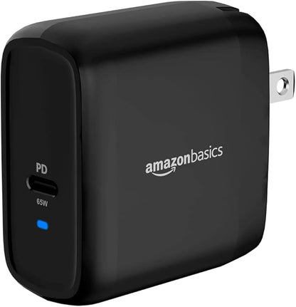 Amazon Basics 65W One-Port GaN USB-C Wall Charger with Power Delivery PD, Foldable Plug, for Laptops, Tablets & Phones, Black