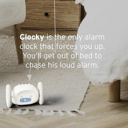 CLOCKY Alarm Clock on Wheels – Loud Rolling Alarm Clock for Heavy Sleepers | Runaway Clock That Jumps & Runs to Wake You Up | Funny Unique Gift for Adults & Teens (White)